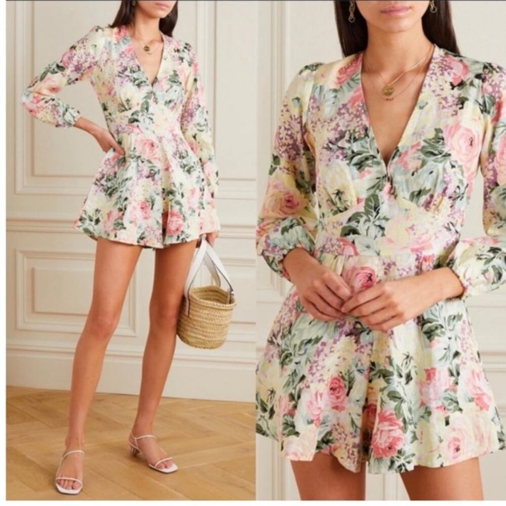 Faithfull The Brand Puff Sleeve Ana Romper Pink Yellow Green Floral‎ Size 4